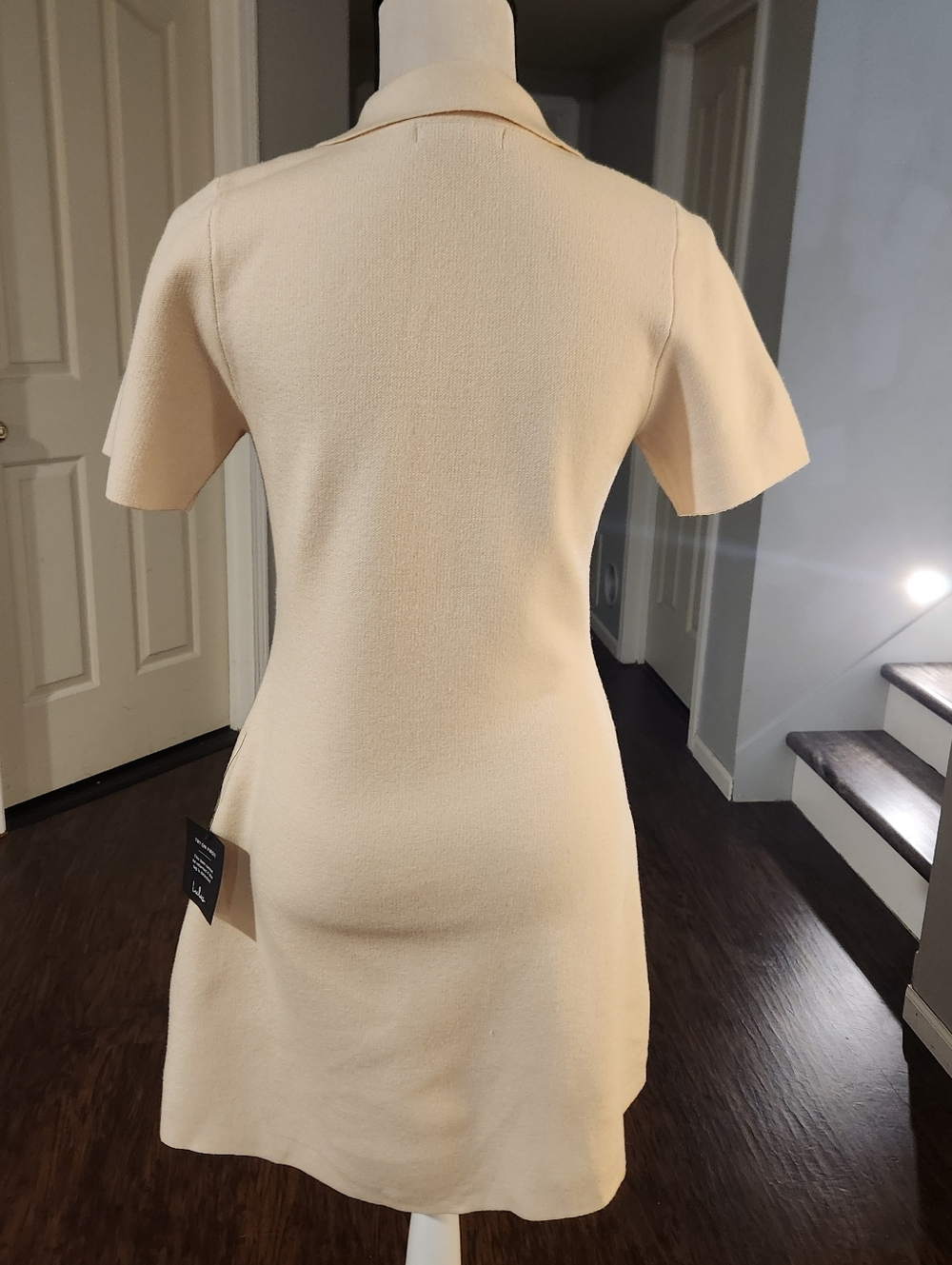 NWT Lulus Cream Quiet Luxury Capsule Gold Button Pocket Knit Collar Dress - Picture 7 of 9